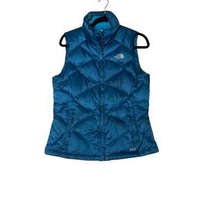 The north face size M puffer vest down filled 550 teal blue zip pockets outdoors